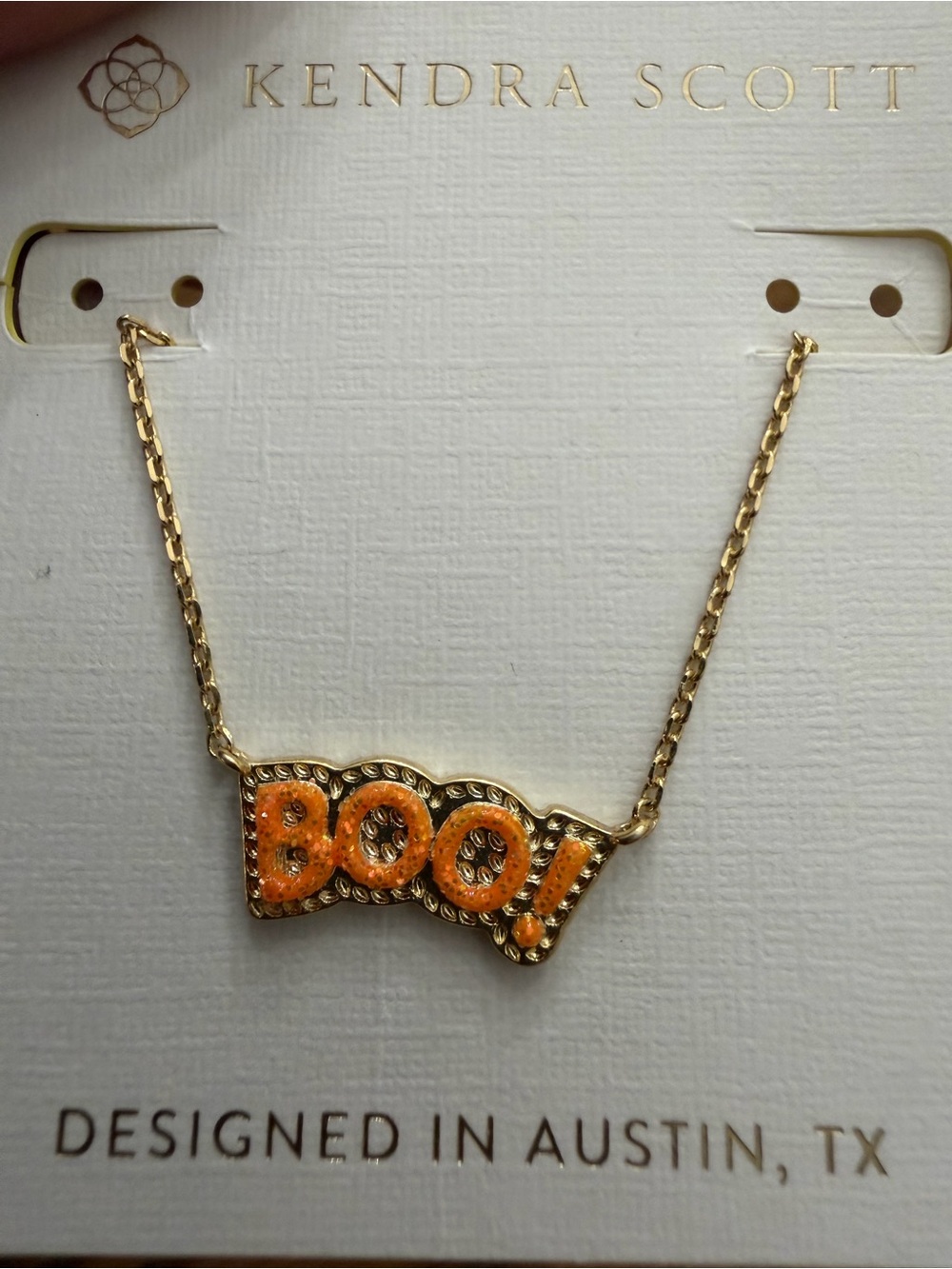 Kendra Scott Gold Necklace with Orange 'BOO!' Pendant